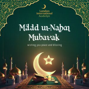 Milad Un-Nabi Mubarak card featuring Arabic-style lettering and mosque motifs."