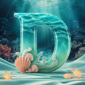 "Seashells and coral surround a glowing blue 'D' for a unique ocean-themed name DP