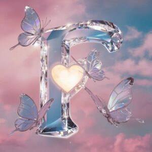 Shimmering crystal 'F' with delicate butterflies under soft pastel skies, exuding magical charm."