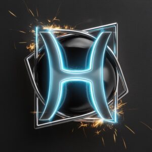 Futuristic neon 'H' glowing in electric blue, with a chrome frame and black metal finish on a dark background."