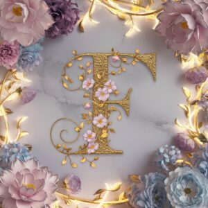 Soft pastel flowers frame the name "F" with golden accents in this floral name DP.