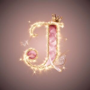 Elegant name DP for 'J' with a soft pink and gold crystal design, adorned with a golden crown and butterflies