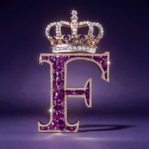 Crystal "F" with deep purple gems and a royal crown, set in soft golden light reflections.