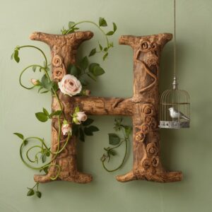 Rustic wooden 'H' with blooming roses and vines, featuring a vintage birdcage, on a pastel background