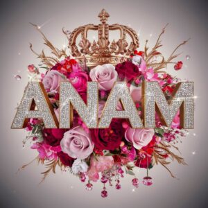 Whimsical 'Anam' artwork featuring bold letters, a golden crown, and an explosion of pink, red, and white flowers