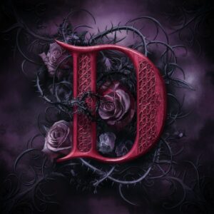 Crimson letter 'D' in Gothic style with elaborate designs and dark roses, set against a dramatic dark purple to black gradient."