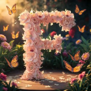 Delicate flower petals and fluttering butterflies add whimsy to the name "F" in this name DP.