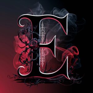 Stylized black letter 'E' with swirling floral motifs and red mist, creating a dark, mysterious atmosphere