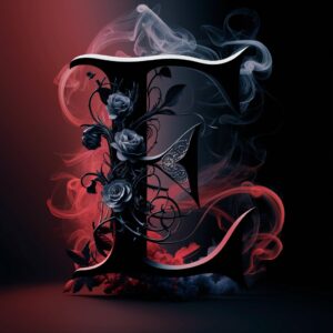 Gothic-themed letter 'E' in deep black with delicate roses and vines, surrounded by dramatic crimson and black smoke."