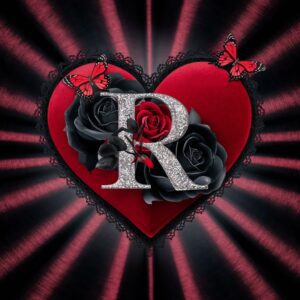 Sophisticated heart-shaped design with the letter 'R' in silver, surrounded by black lace and roses, ideal for name DP."