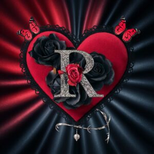 Gothic-style heart featuring the letter 'R' in silver, with butterflies and black roses, perfect for a unique name DP.