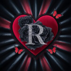 Luxurious velvet heart with silver 'R,' framed by black roses and butterflies, a stunning name DP."