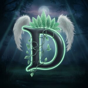 Fantasy artwork of the letter 'D' glowing emerald, with wings and a crown in an enchanted forest."