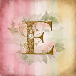 An ornate gold letter 'E' surrounded by delicate lace patterns on a soft pink-cream background