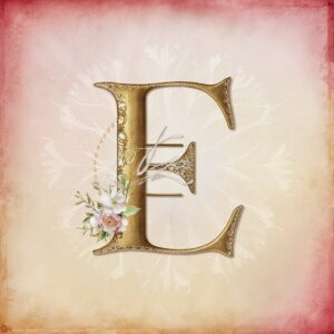 A sophisticated letter 'E' with pearl accents, glowing softly against a vintage pink-cream background."