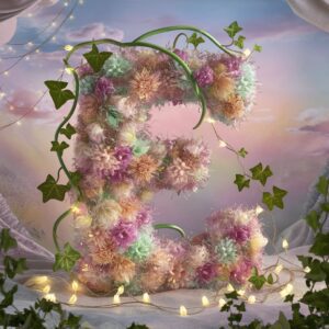 3D floral letter E with vibrant colors and glowing vines, surrounded by a dreamy, magical backdrop