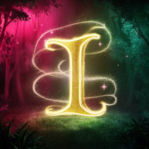 Golden letter 'I' name DP encircled by sparkling fairy dust and stars in a magical, pink-lit forest."