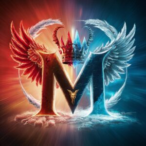 Dramatic Name DP featuring a split "M" with fiery red and icy blue halves, flanked by elemental wings.