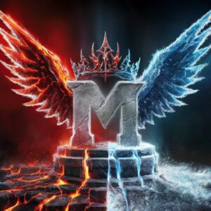 Gothic letter 'M' split in fiery lava and icy frost, crowned with red flames and blue ice, with dramatic wings."