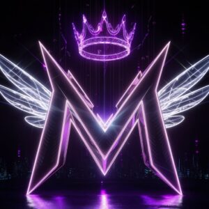 Cyberpunk Name DP featuring a neon-lit "M" with a futuristic metallic texture and holographic crown.