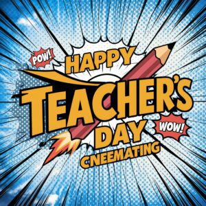 Dynamic Teacher's Day design in comic book style, featuring action bubbles and explosive text