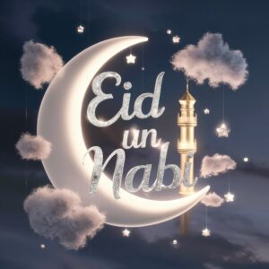 Eid Un Nabi" in glowing silver, resting on a crescent moon, surrounded by floating stars and clouds.