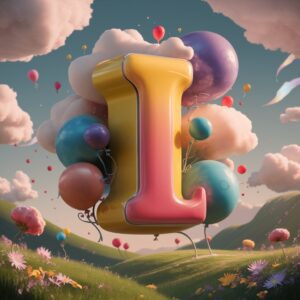 "A playful letter 'I' surrounded by colorful balloons and whimsical clouds."