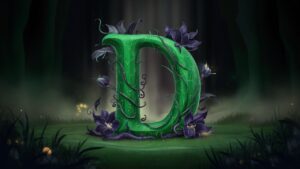 Letter 'D' with enchanting forest elements and dark floral details, highlighted against a mystical green to black gradient."