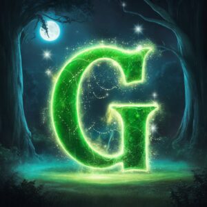 Magical G Name DP with glowing stars and soft teal hues in a woodland scene" green light 