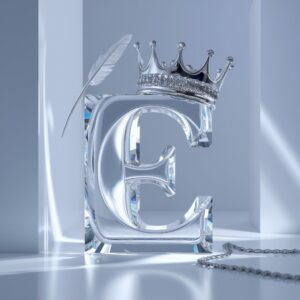 E Name DP in crystal design with diamond crown and floating quill on a white background." 