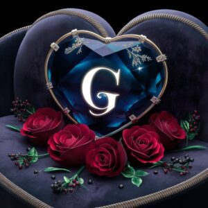 Shimmering dark blue gemstone heart with a glowing 'G,' surrounded by deep red roses and glowing leaves