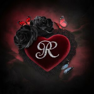 Moody red velvet heart with black lace and silver 'R,' accented with butterflies for an elegant name DP."