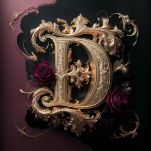 Intricate gold letter 'D' with Baroque detailing and dark roses, highlighted against a gradient of burgundy and black with gold accents."