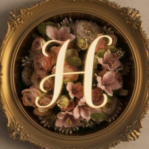 Cursive H name wallpaper with a glowing golden frame and roses