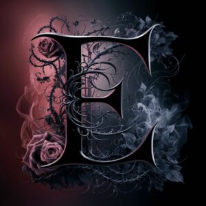 Ornate gothic letter 'E' adorned with dark roses and intricate patterns, set against a red-to-black smoky background