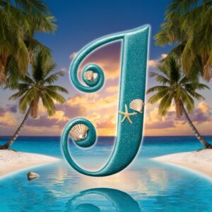 The name "J" glowing in aqua blue above a crystal-clear lagoon with white sand beaches.