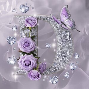 A crystal-textured 'D' with lavender roses and diamond hearts, featuring a silver-lavender butterfly.