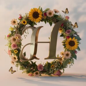 Letter H in a floral wreath with butterflies for name DP"