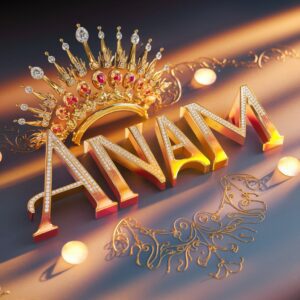 Opulent Anam Name DP with radiant sapphire typography, floating silver rings, and shimmering particles."