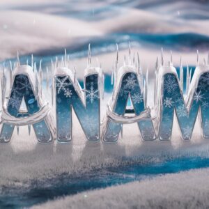 Shimmering silver "Anam" letters wrapped in icicles, surrounded by a snowy winter landscape.