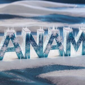 3D "Anam" text in icy blue and silver tones, adorned with frosty snowflakes and crystalline details.