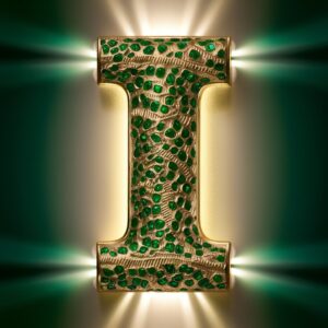 Beautifully crafted letter "I" featuring gemstone embellishments and a rich green background gradient