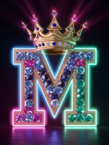 Gold letter 'M' adorned with diamonds, sapphires, rubies, and neon outlines, topped with a radiant crown."