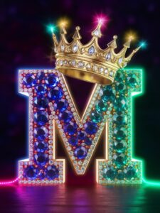 "Ornate gold letter 'M ' with sparkling gemstones and neon lights, featuring a majestic crown on a dark background."