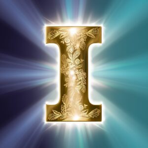 3D render of the letter "I" in gold, featuring intricate floral patterns and warm light illumination.