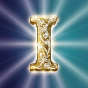 Exquisite golden letter "I" with floral lacework design, softly glowing against a gradient backdrop.