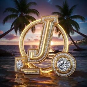 Stylish 'J' in gold and silver, adorned with diamonds, reflecting the sunset at a serene beach."