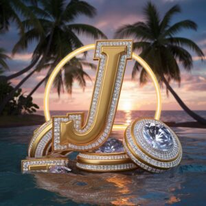 Golden 'J' with silver details, sparkling near a tropical beach sunset with soft neon highlights."