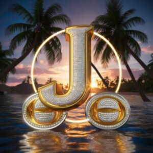 Luxurious golden and silver 'J' shimmering by a tropical beach at sunset, with glowing palm trees."