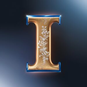 Floral engraved gold "I" with deep azure highlights, set against a midnight blue to light turquoise backdrop.